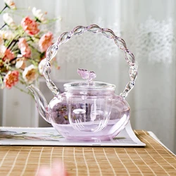 Pink Butterfly High Temperature Tea Pot, High Borosilicate Transparent Glass Beam Pot, Electric Clay Stove Tea Kettle, Tea Cup
