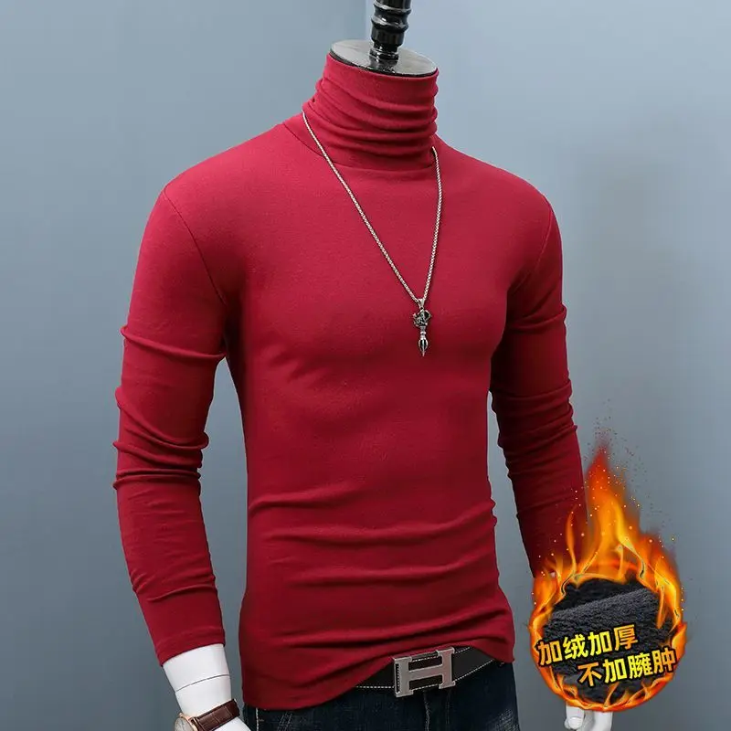 Korean Fashion Men New Solid Turtleneck Plus Velvet Thicken Trend All-match Smart Casual Loog Sleeve Slim Bottoming Shirt Tops