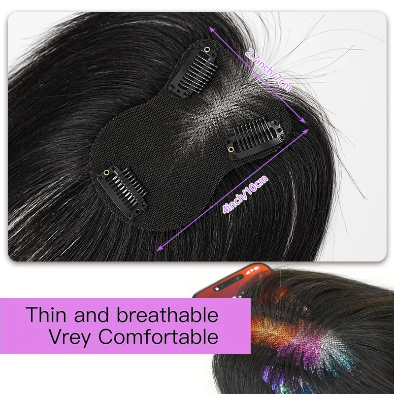 7X10cm Hand-made Swiss Lace Hairnet Hairpiece 100% Human Hair 3 Clip in Hair Topper Extension with Bangs Wig for Women