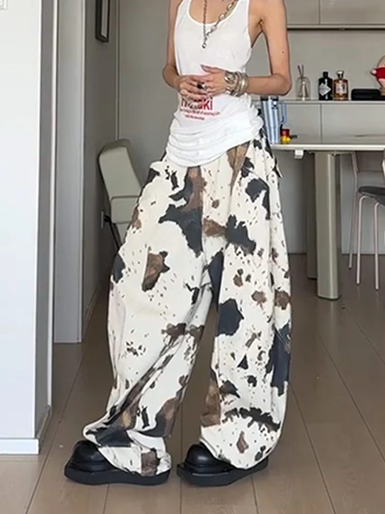 الأمريكية الرجعية الساخن فتاة تصميم المشمش البقرة نمط الجينز فضفاض واسعة الساق الطابق طول السراويل عارضة عالية الخصر الدنيم للنساء