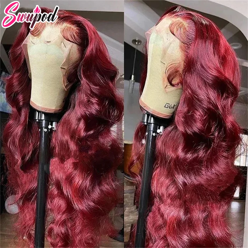 99j Bordeauxrood 13X4 Hd Transparant Lace Frontale Pruik Body Wave Rood Gekleurd Menselijk Haar Pruiken 13X6 Hd Lace Front Pruik 220% 30 32 36Inch