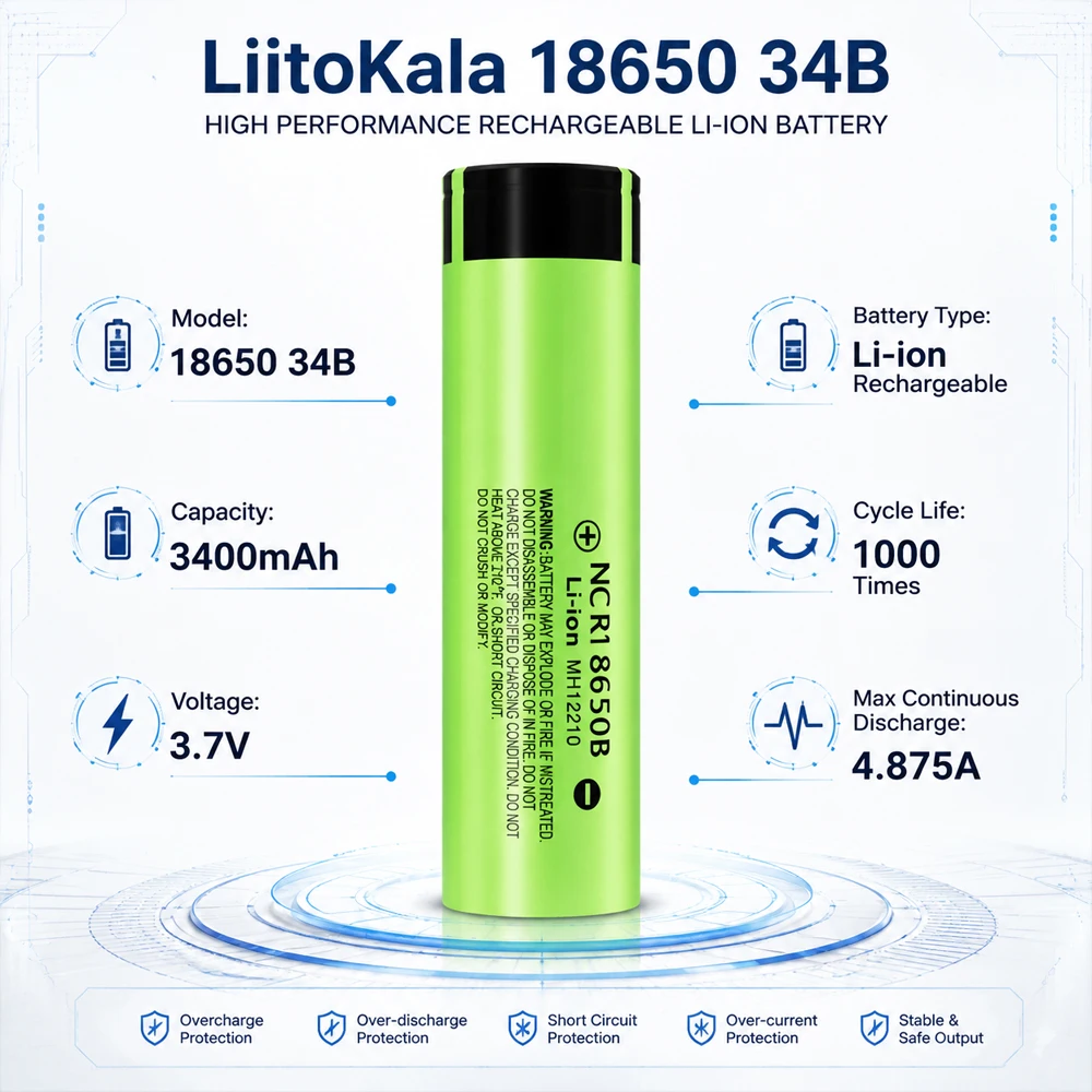 LiitoKala 18650 Akku 3400mAh 3.7V 34B Wiederaufladbarer Li-Ionen-Akku mit flachem Anschluss und hoher Kapazität für Taschenlampen, LED-Leuchten und Powerbanks – Detail 4