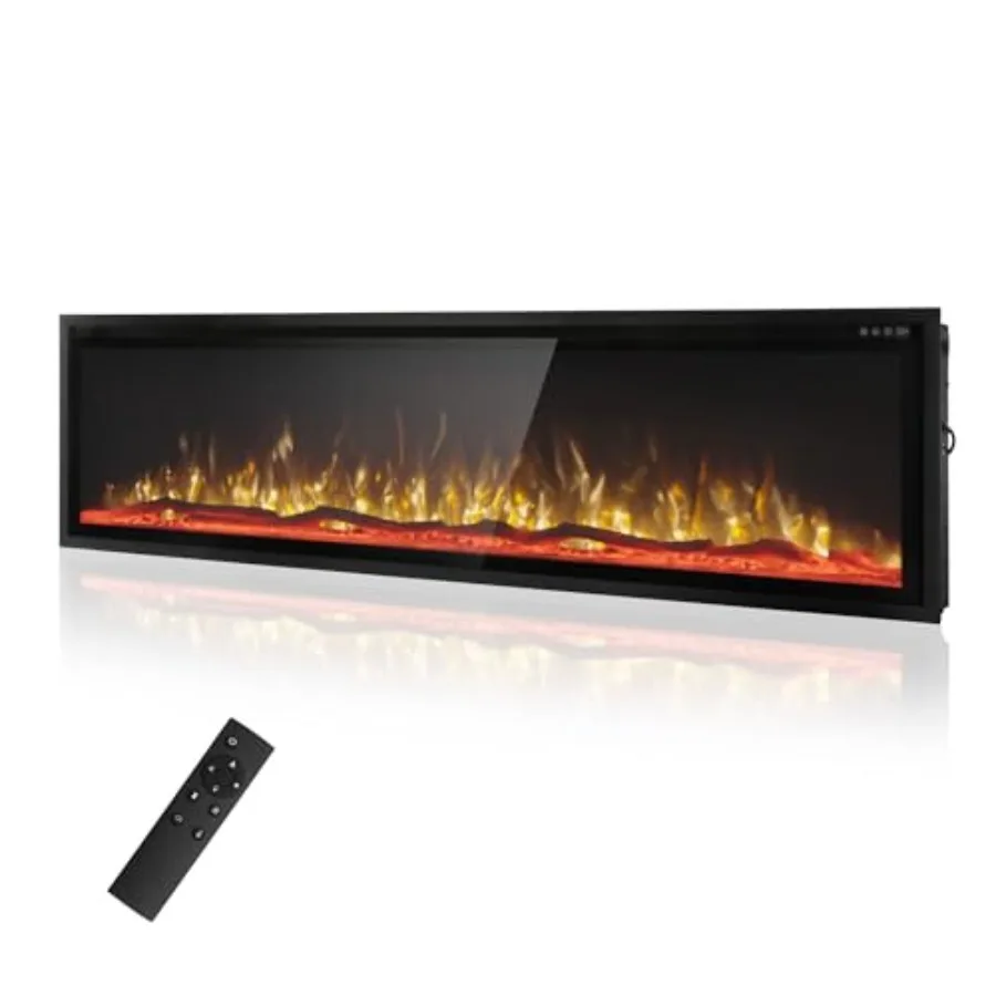 

72" Electric Fireplace Recessed/Wall Mounted Ultra-Narrow Bezel Fireplace Heater with Log and Crystal Options, 750W/1500W, Adju