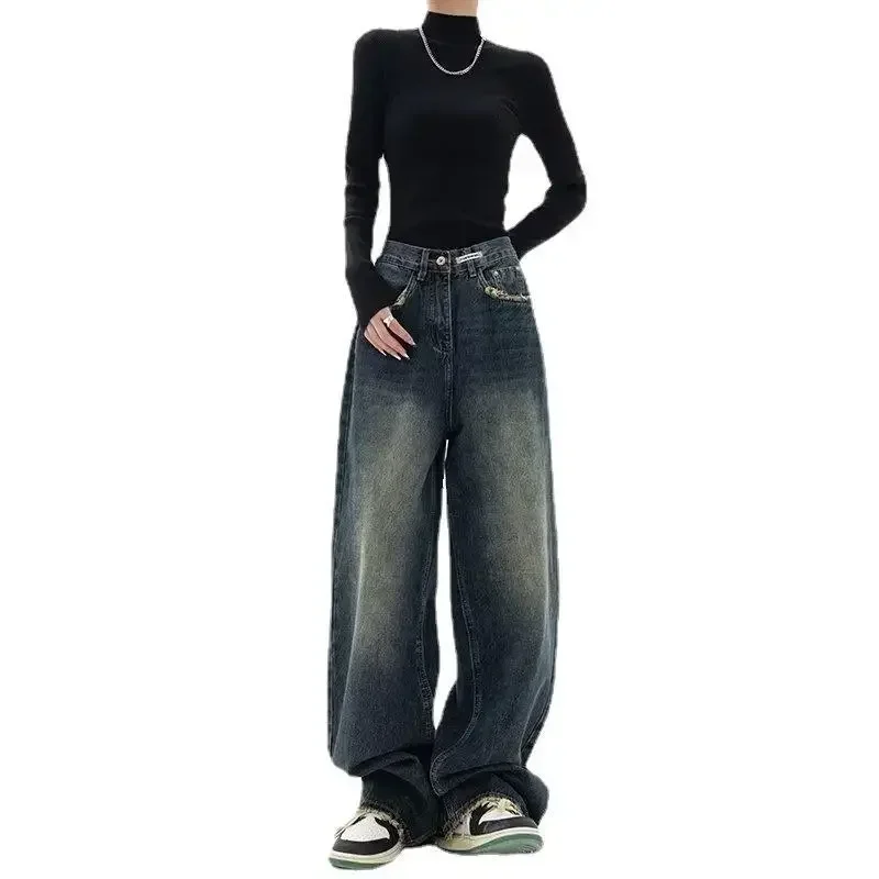 Streetwear Retro Fashion Summer Women High Waist Jeans Loose Wide Leg Straight Loose Denim Trousers Y2K Baggy Pants