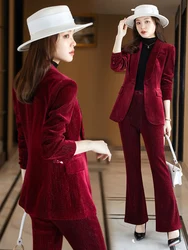 Women's suit red Velvet Pantsuits Formal suit 2 piece Office set Blazer ladies Suits Flare pants trouser