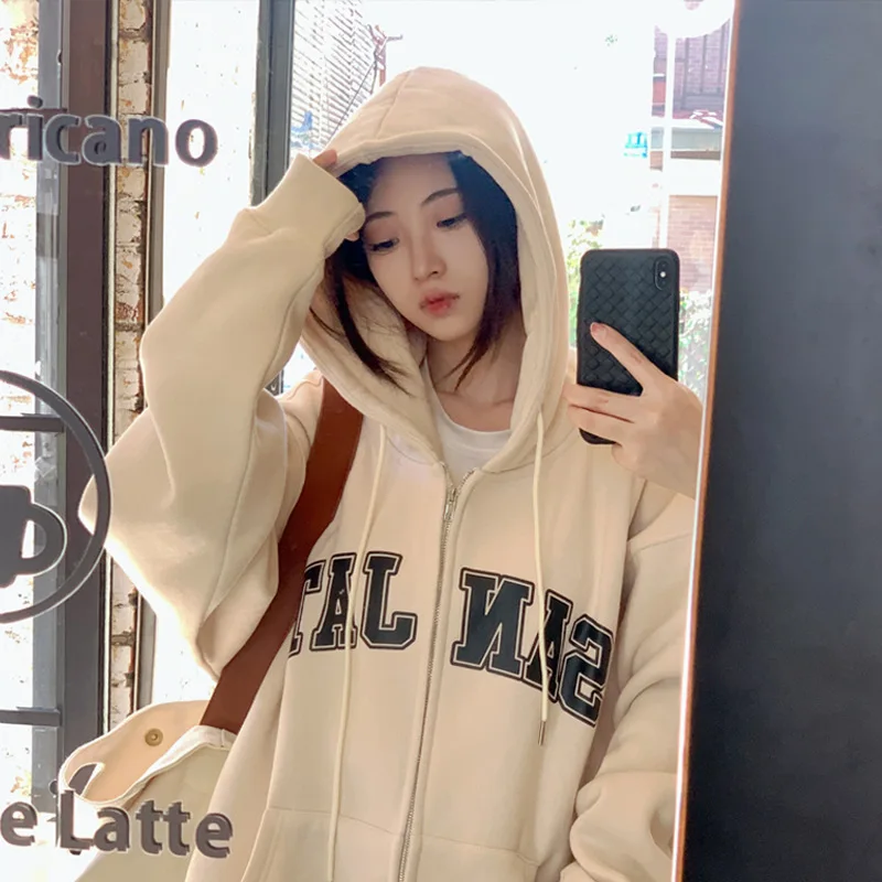 Autumn Couple Tops with hat Sweatshirt Hoodies Casual Women Fashion fall Loose Long Sleeve Print Cardigan Vintage Zip up Hooded