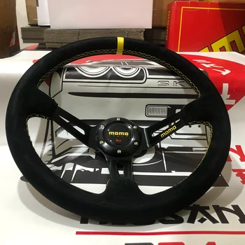 JDM 진짜 스웨이드 가죽 MOMO 스티어링 휠, 자동차 랠리 레이싱, VW 혼다 도요타 BMW용, 14 인치