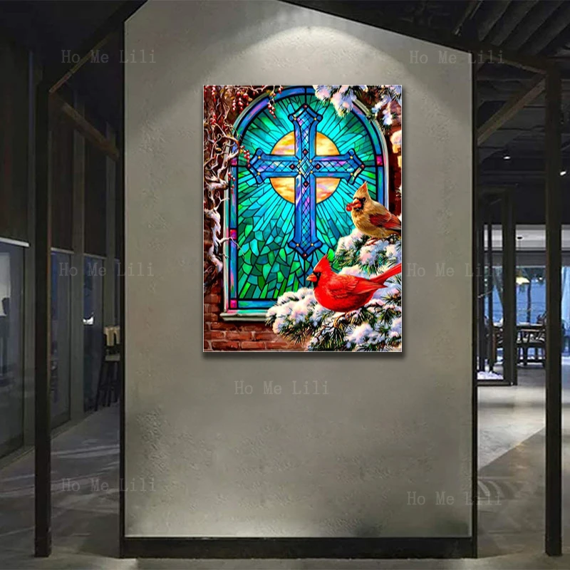 Stained-Glass Crosses And Cardinal Birds Stand On The Snow The Living Room Wall Is Decorated With Art