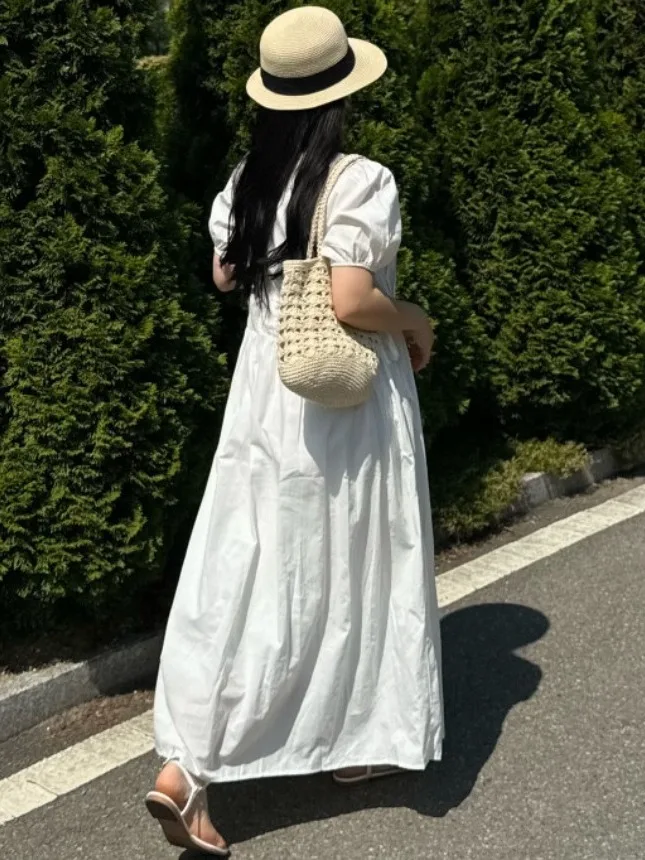 

Ele Korean Sle Long White Dr Women's Dstring Waist Design Summer Trend Item Commute ort Sve Other Material