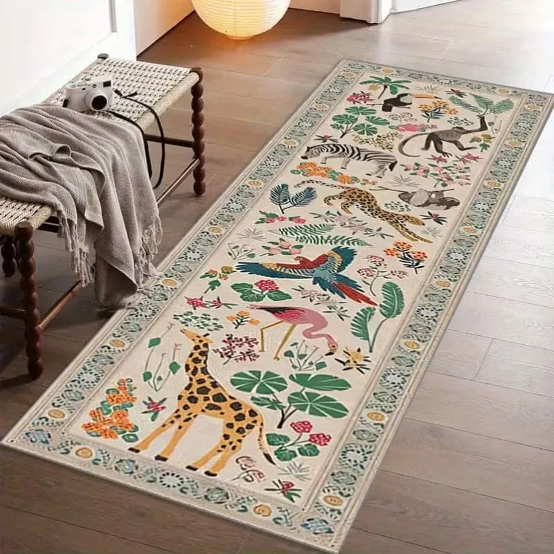 Cute Jungle Wildlife Runner Rug Bohemian Tropical Floor Mat Colorful Giraffe Flamingo Leopard Monkey Print Non-Slip Mat