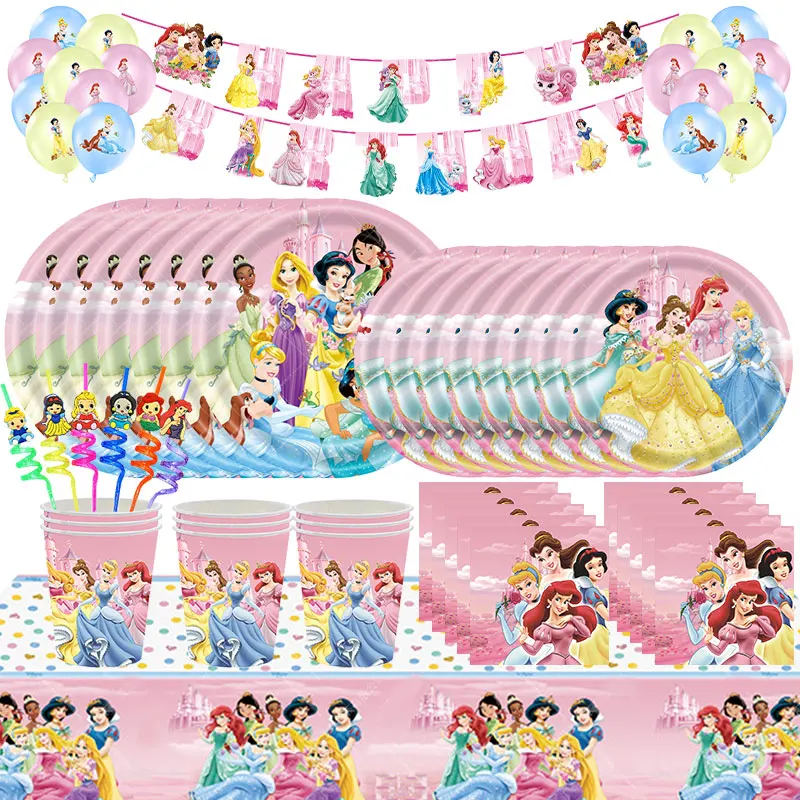 Décorations de fête d'anniversaire princesse, coffrets cadeaux de bonbons, ballons princes roses, autocollants, ensemble de vaisselle, arrière-plan, cadeaux d'anniversaire