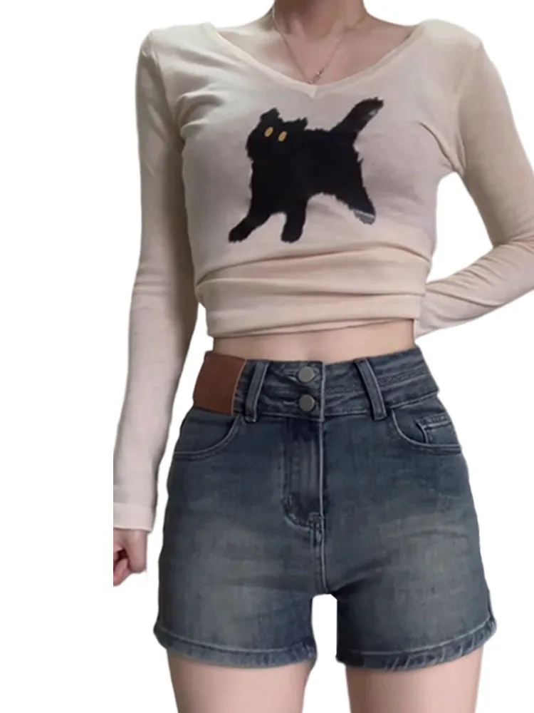 Hochgeschnittene, schlankmachende A-Linien-Jeans-Shorts für Damen, Wintermode, amerikanischer Stil, Hot Pants, figurbetont, hohe Taille