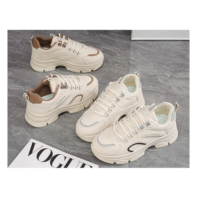 

Women 2026 Leather unky Dad Sneakers Thick Sole Platform Casual Shoes Lace-Up Street Style Versatile Daily Trendy Footwear