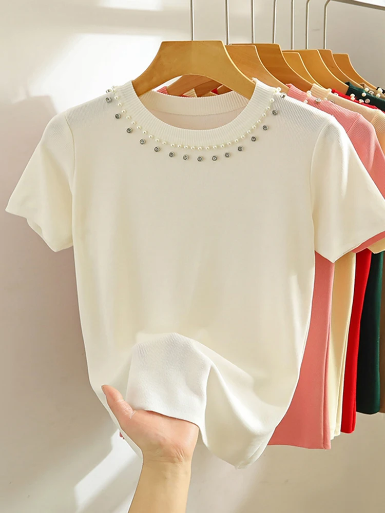 2024 Korea Knitted T-shirt Women Top Solid Tank Y2K Summer New Fashion Female Sleeveless Beading Casual Thin Tops