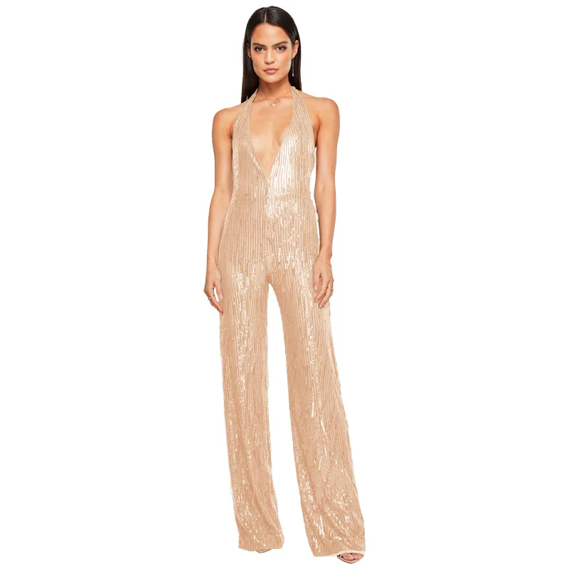 Women's Deep V-Back Hot Girl Jumpsuit with Sleeveless Tassel and Neck Hanging Sequin Jumpsuit