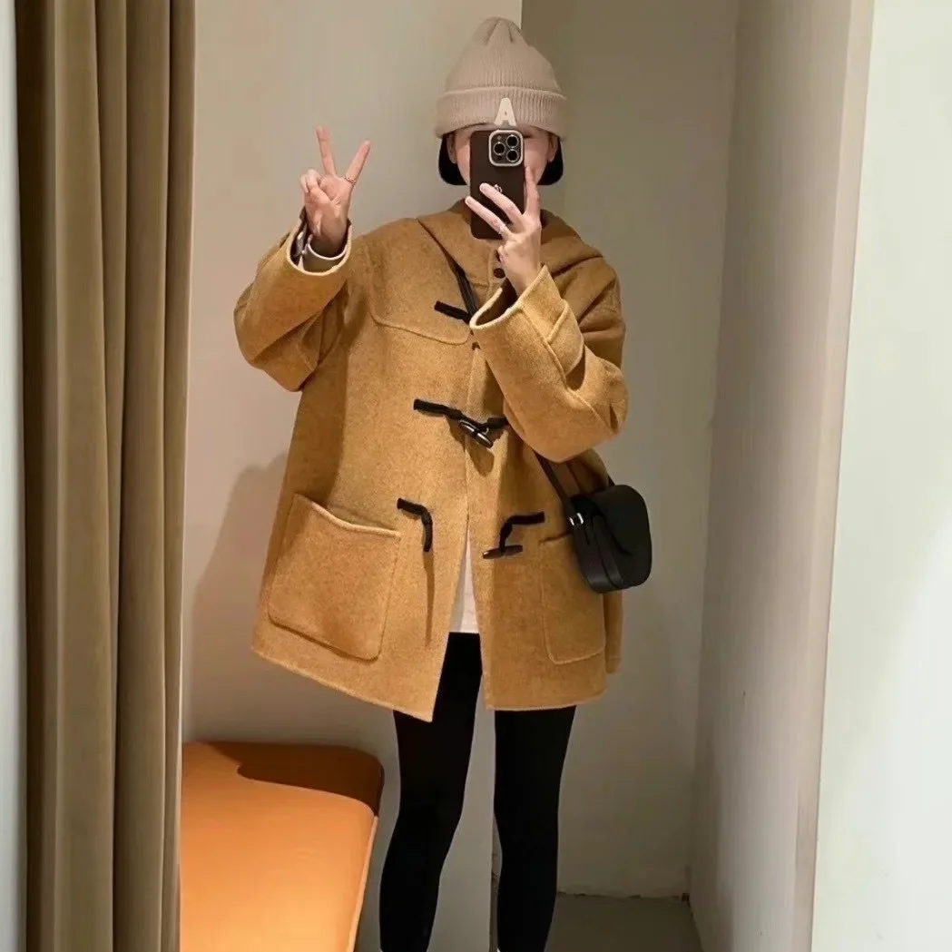 Corner button coat women's winter 2023 new college style small medium and long double-sided cashmere woolen hooded jacket