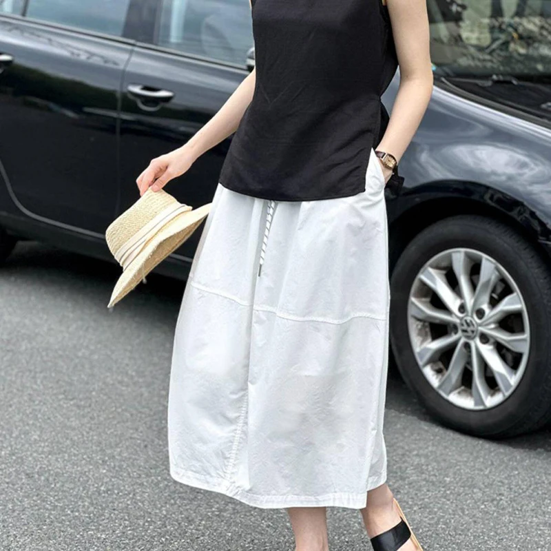 Retro Solid Color Skirt Women's Summer High Waisted And Slimming A-line Mid Length Umbrella Skirt Loose Versatile Commuter Skirt