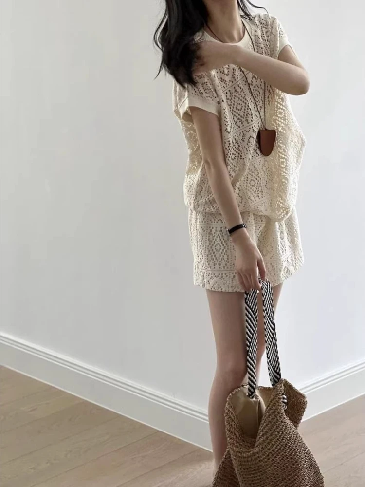 Women Summer Lace Two Piece Set Hollow Out Crop Top Shorts Casual Fashion Outfit Elegant Lightweight Breathable - view 6