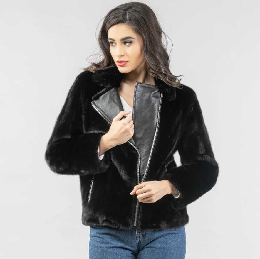 Manteau en fourrure de vison véritable pour femmes, veste de moto chaude, mode décontractée, hiver, nouveau, 2024