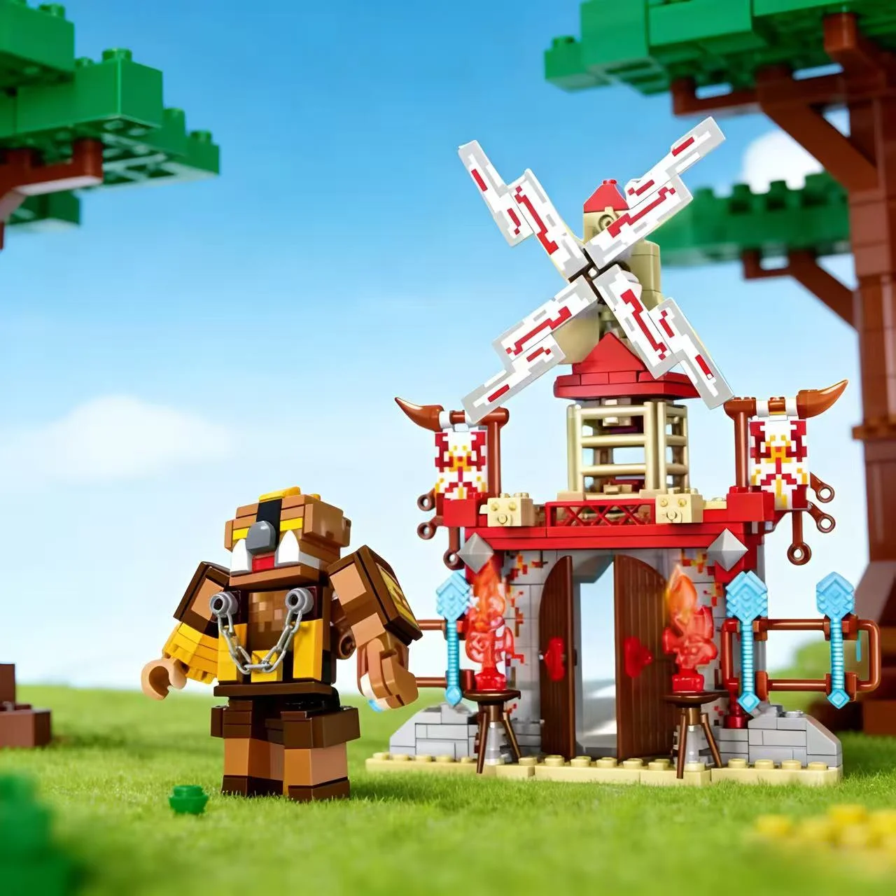 Creatieve boerderijgebouwscène stapelblokken, windmolens + dierenvormen, zeer gedetailleerd bouwmodel, verzamelbaar ornament