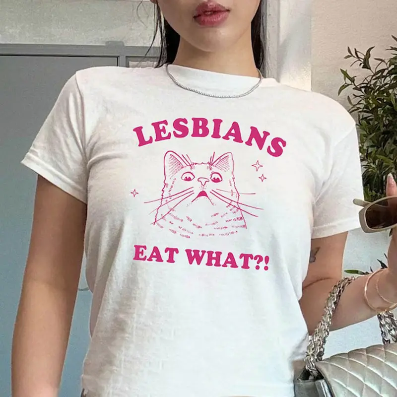 

LESBIANS EAT WHAT Fun English Name Футболка с короткими рукавами Cat Summer из чистого хлопка с половиной рукавов для девочек