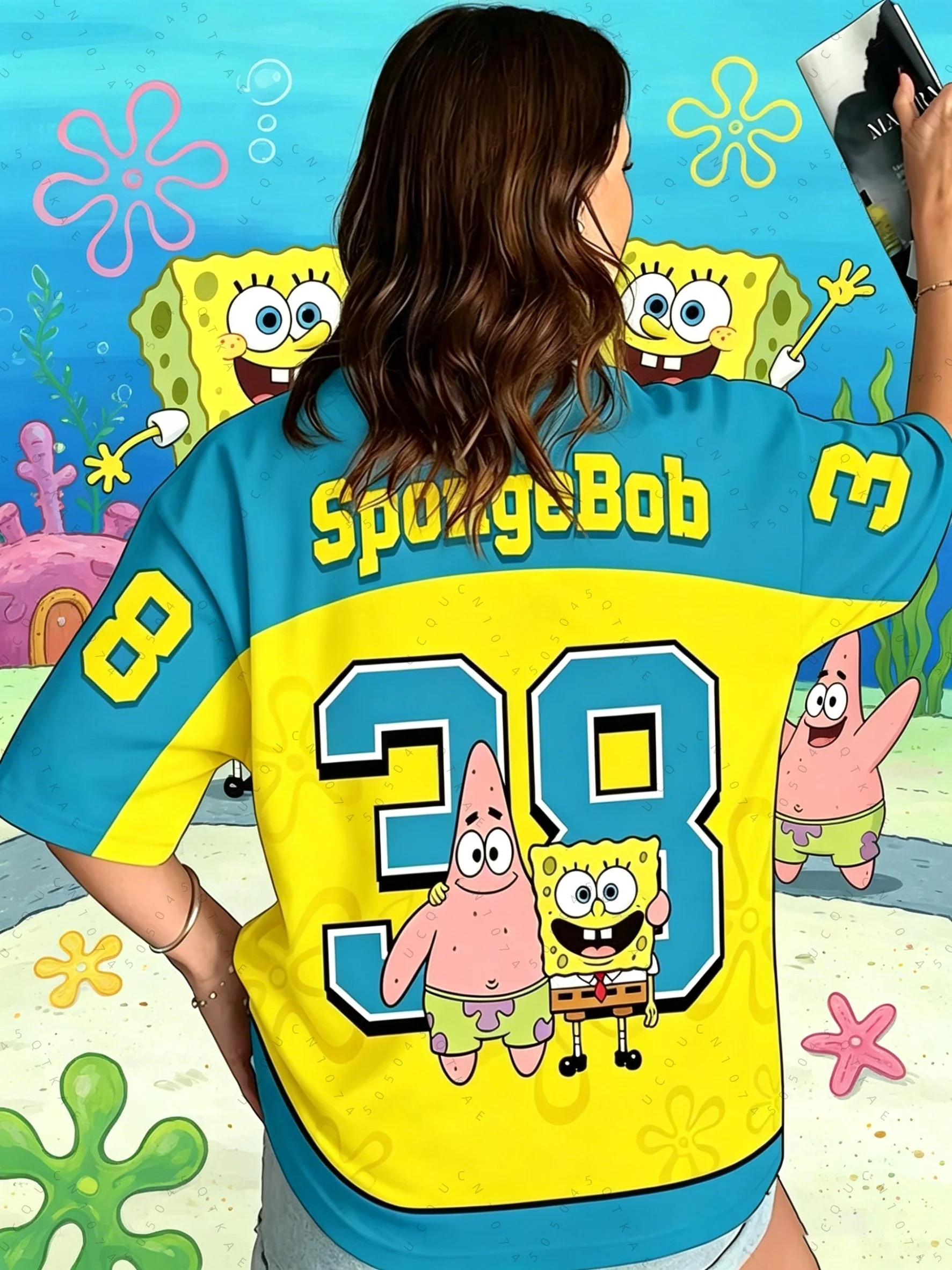 Spongebob Print Loose Oversized T-Shirts für Männer und Frauen, Sommer, V-Ausschnitt, Patchwork, kurzärmelig, Sport-Fußballtrikot, Y2k-Kinderoberteile – Detail 5
