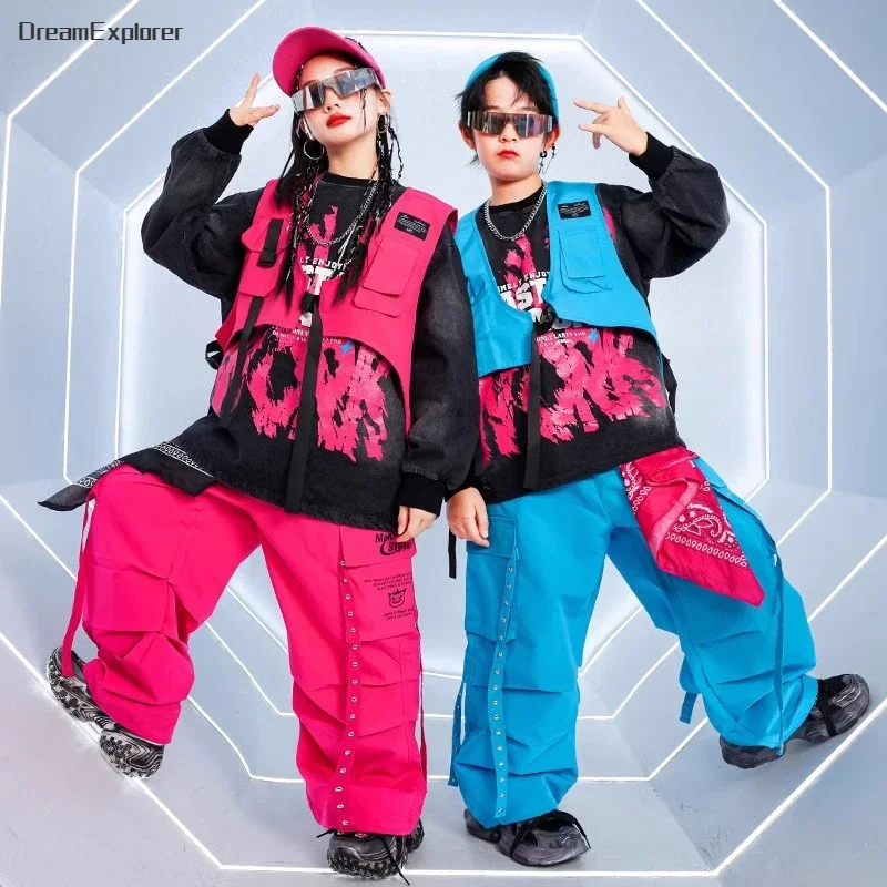 Boys Hip Hop Vest Sweatshirt Colorful Cargo Pants Girls Street Dance Clothes Sets Kids Jazz K-pop Costumes Children Streetwear