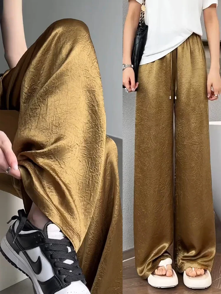 

Летние тонкие широкие брюки женские с высокой талией, струящиеся, в пол, повседневные, из ацетатного волокна, для прямоугольной фигуры