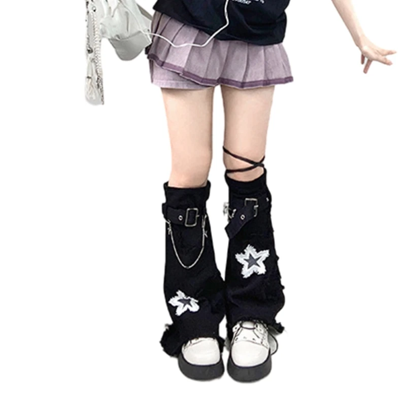 

Women Denims Leg Warmers Girls 80s Harajuku Punk Knee High Leg Socks Preppy Stockings Gothic Clothes Y2K Streetwear