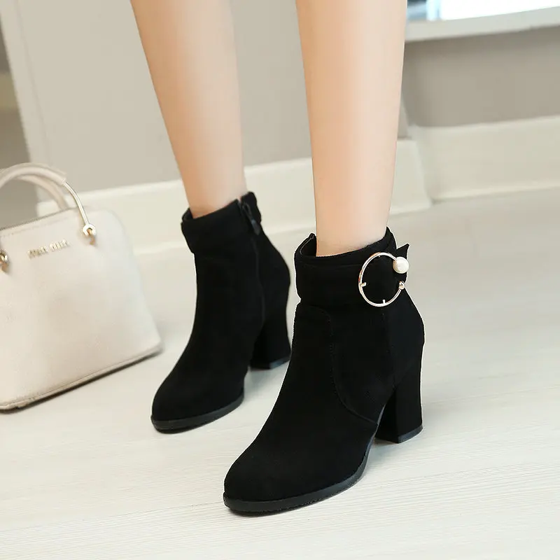 Faux Suede Leather Burgundy Black Color Ankle Short Boots Plus Size 48 49 50 51 52 Block High Heels Ladies Classic Botas Shoes