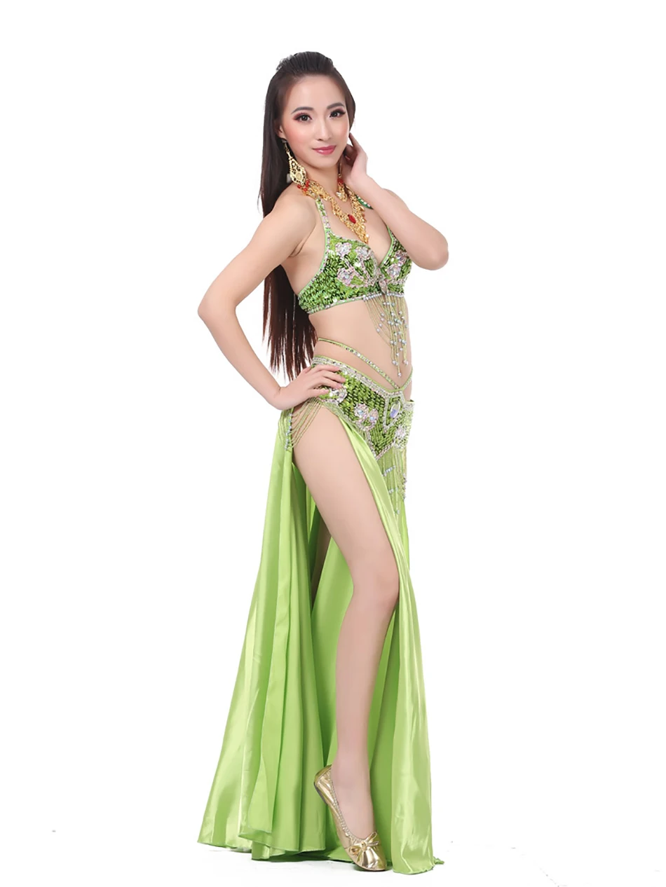 Belly Dance Costume Handmade Beads Bra Belt and Skirt 3 Pieces Set Stage Performance Suit Personal Training Practice Clothes