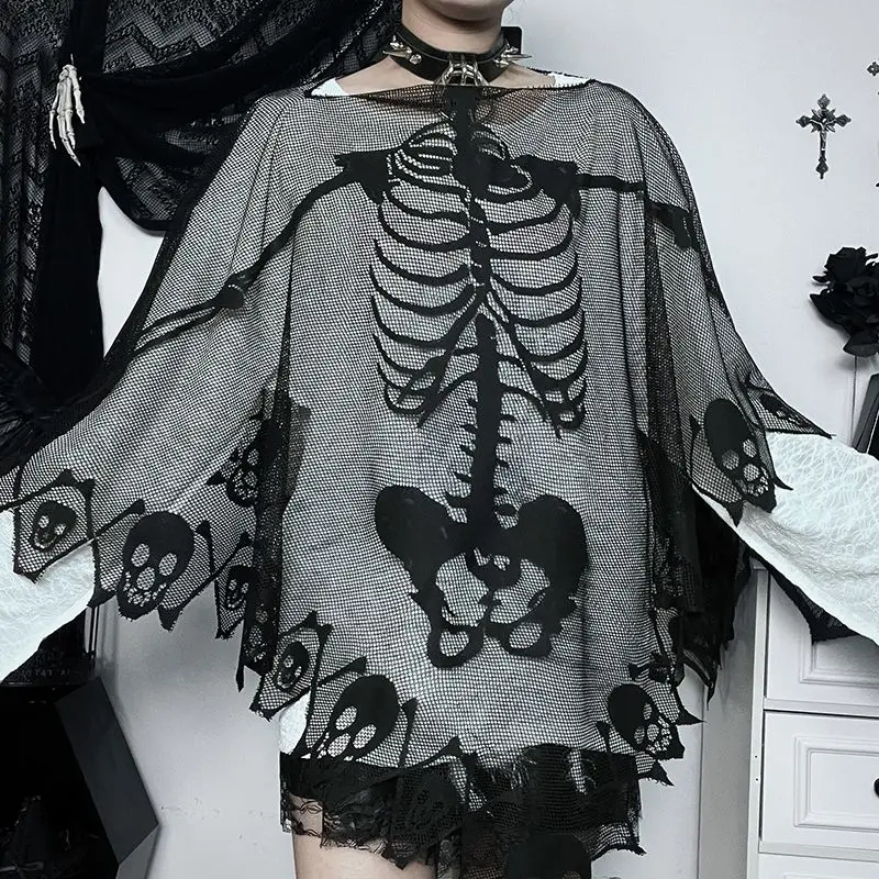 Gothic Skull Punk Y2k Halloween Wraps Lace Cape Women Vintage Top See Through Black White Skeleton Cloak Sexy Cosplay Outfits