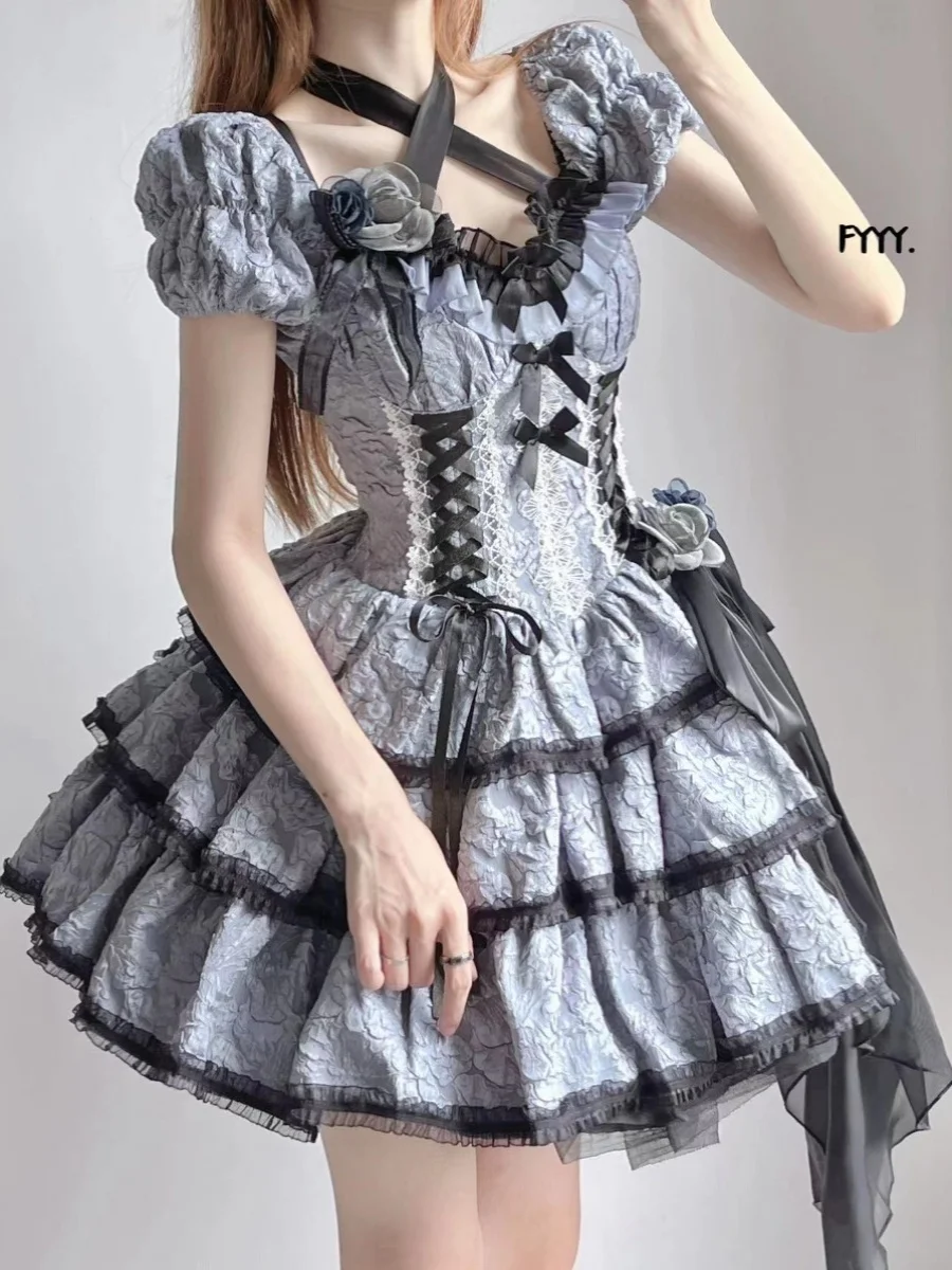 Original OP Dress Three-segment 2024 Spring and Summer Sweet Girl Women's Short-sleeved Lace-up Bow Fairy Mini Dresses