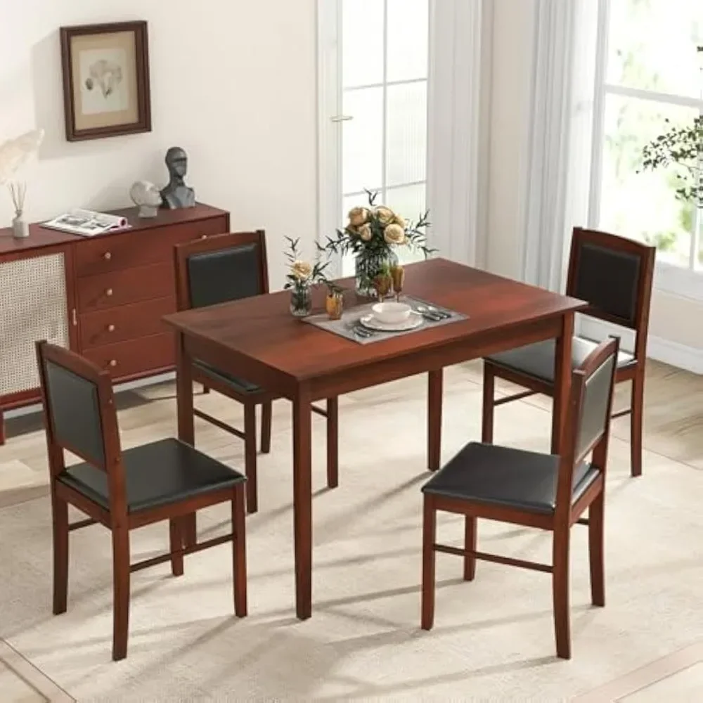 Juego de mesa de comedor de granja para 4, juego de comedor de madera maciza con patas de madera de caucho, asiento tapizado y respaldo acolchado