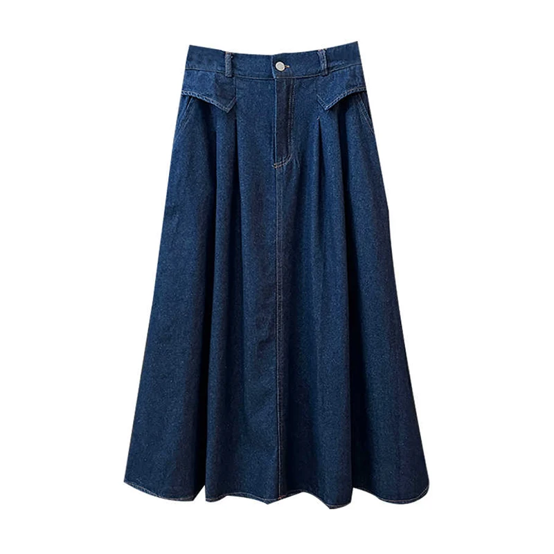 Gonne di jeans stile coreano retrò Donna Primavera Estate Elastico a vita alta A-line di media lunghezza Blu Gonne di jeans allentate semplici