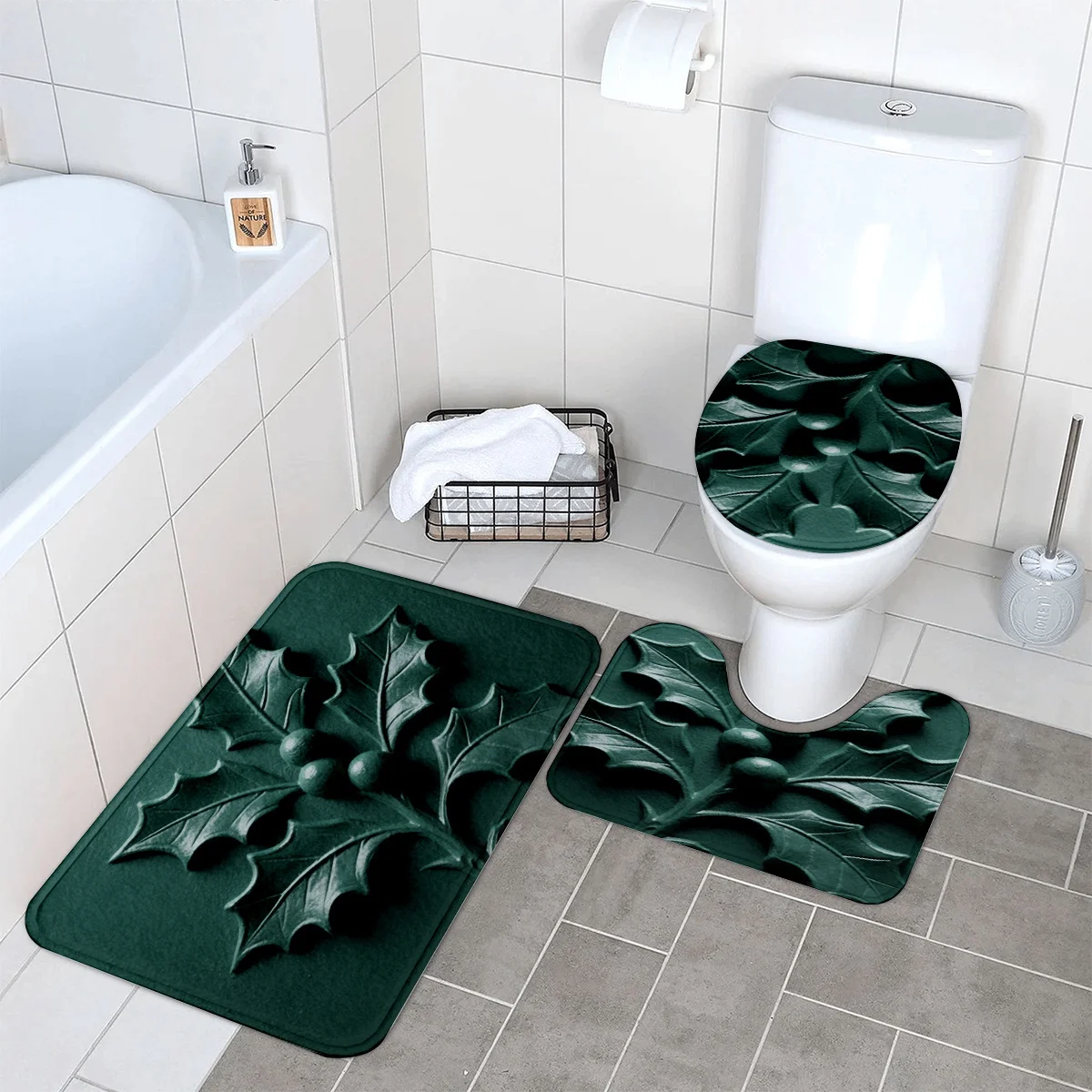

3pcs, Relief Design Pattern, Leaf, Bathroom Floor Mat Set, Rug Set, Set Includes Bathtub Side Foot Mat, U-shaped Toilet Foot Mat