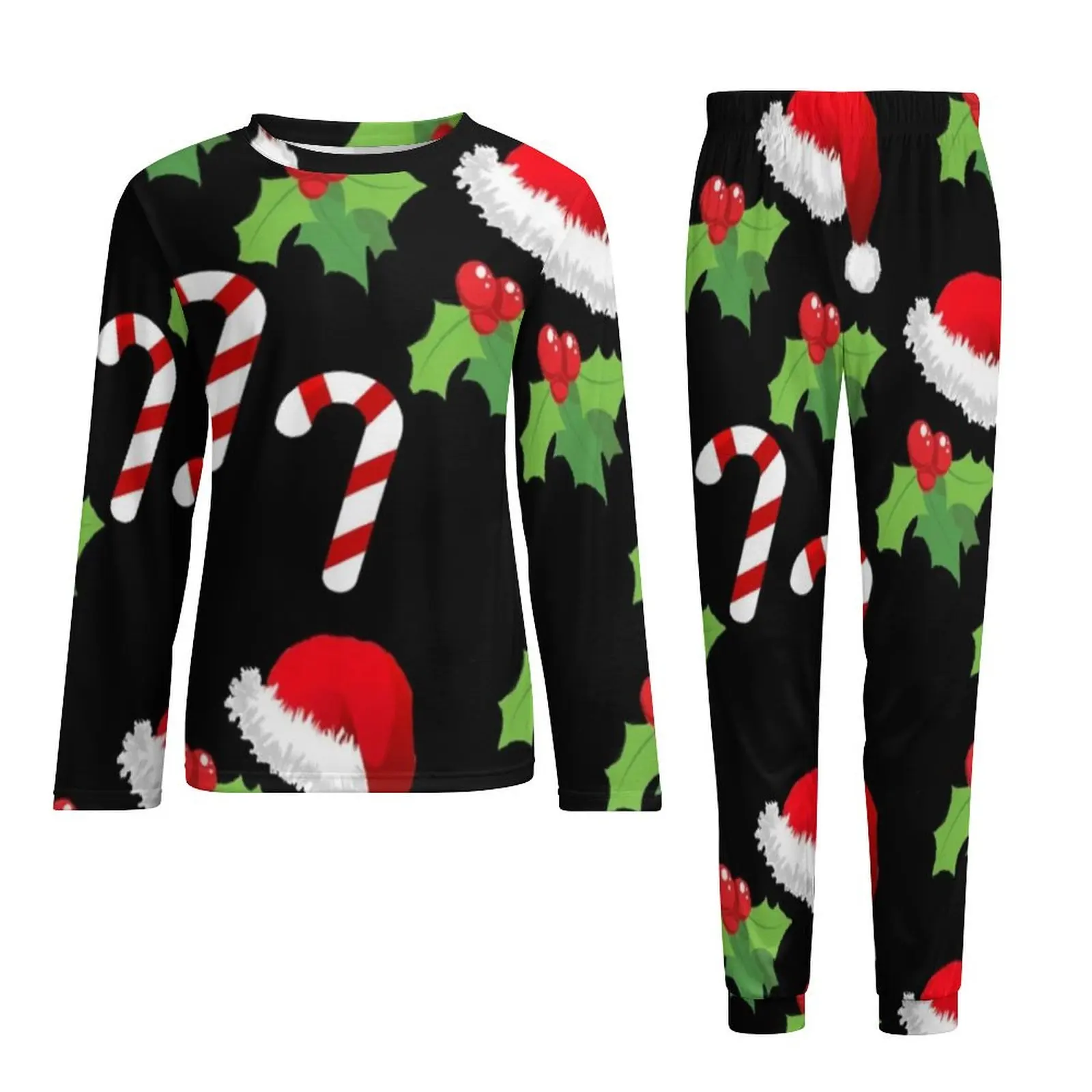 Christmas Hat Print Pajamas Daily Cartoon Christmas Bedroom Nightwear Male 2 Pieces Custom Long Sleeves Big Size Pajamas Set