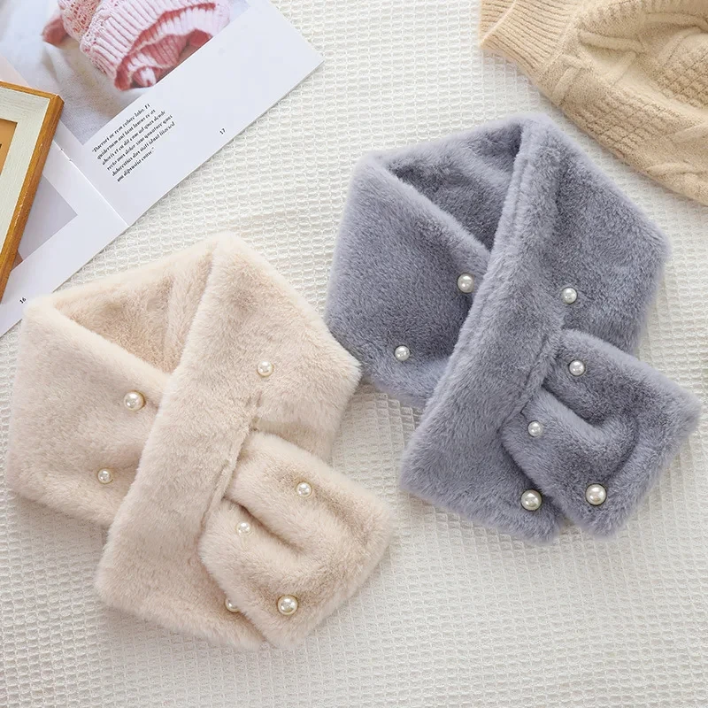 Korean Solid Thicken Faux Rabbit Fur Pearl Plush Scarf Women Winter Outdoor Neck Protection Windproof Fake Collar Warm Shawl