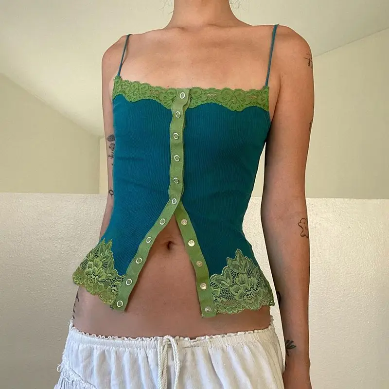 

Летний винтажный синий кружевной камзол с павлином Y2K Harajuku, ретро контрастного цвета, облегающий жилет с пикантной девушкой, эмо