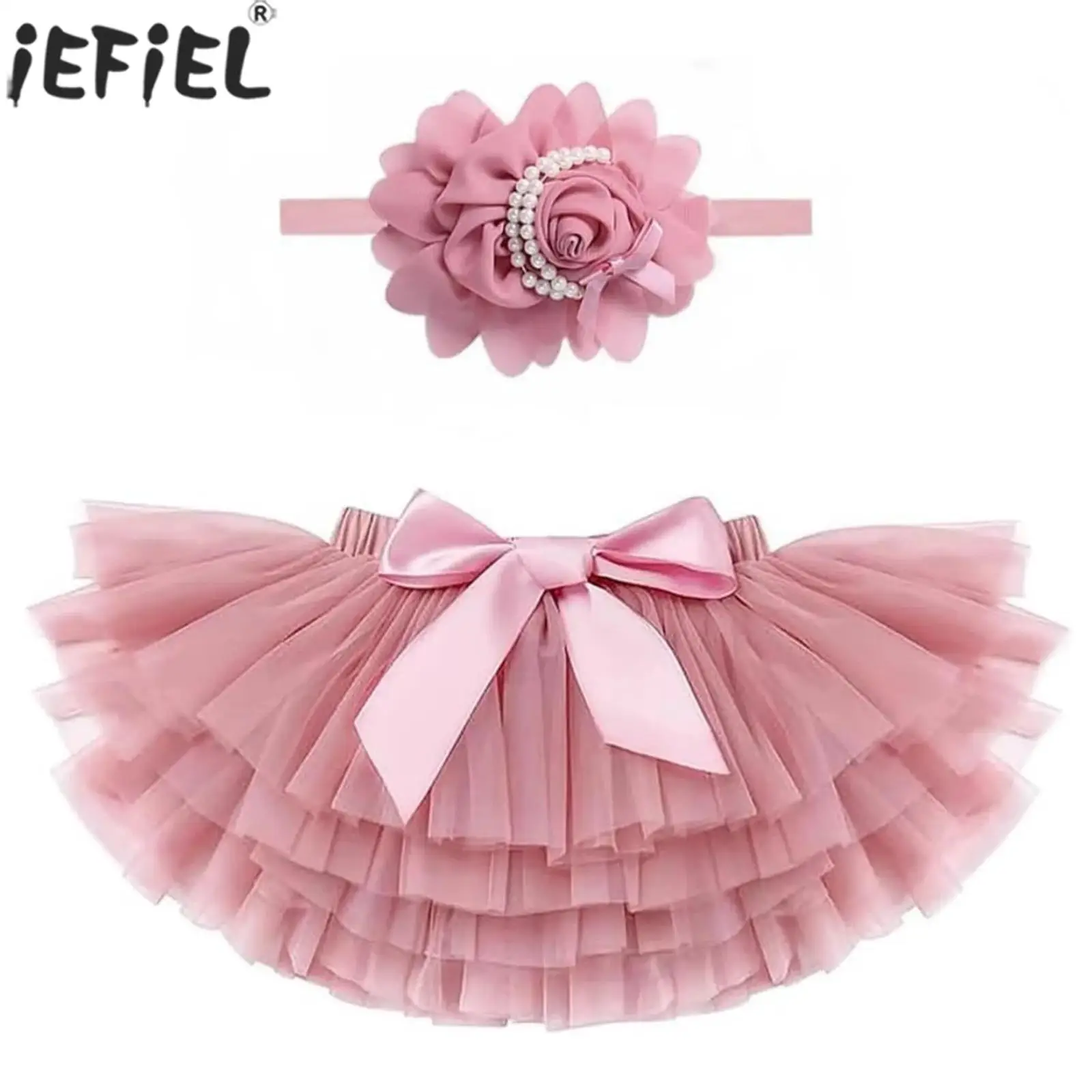 Baby Girls Christening Birthday Party Cake Smash Outfit Multi-layer Mesh Tutu Bowknot Skirt with Headband Photography Costume