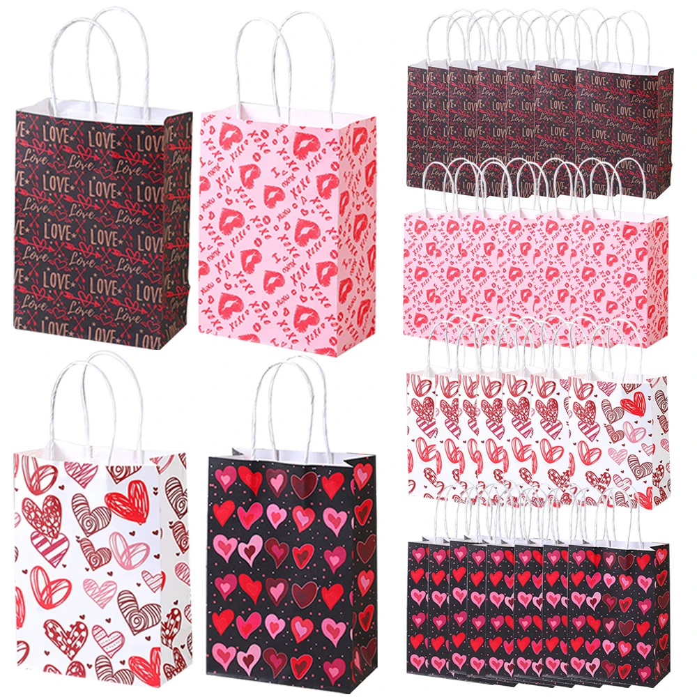 Valentine's Day Gift Bag Paper Bag with Handles Reusable Tote Candy Bags for Valentine Birthday Party Wedding Decors 5-50pcs