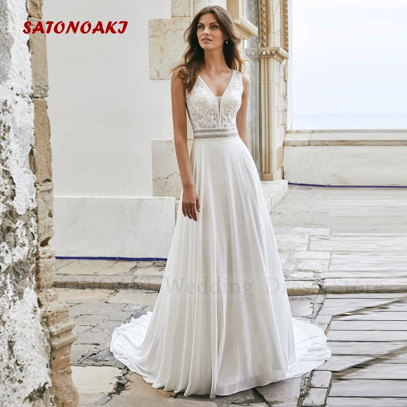 

Elegant Boho Lace V-Neck Chiffon Wedding Dress for Women Backless Applique A-Line Beach Bride Gown Vestidos De Novia Robe Mariée