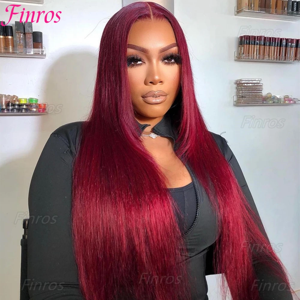 

Finros 99j Burgundy Human Hair Wig Straight 13x4 13x6 HD Transparent Full Frontal Lace Brazilian Preplucked Red Color Front Wig