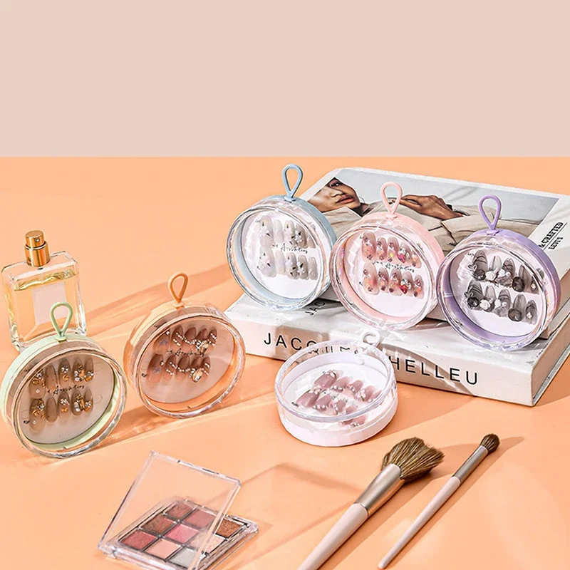 1/6 PCS Empty Press-On Nail Storage Plastic Round Shape Boxes With Lanyard Clear Nail Packaging Case Storage Tool Accessories