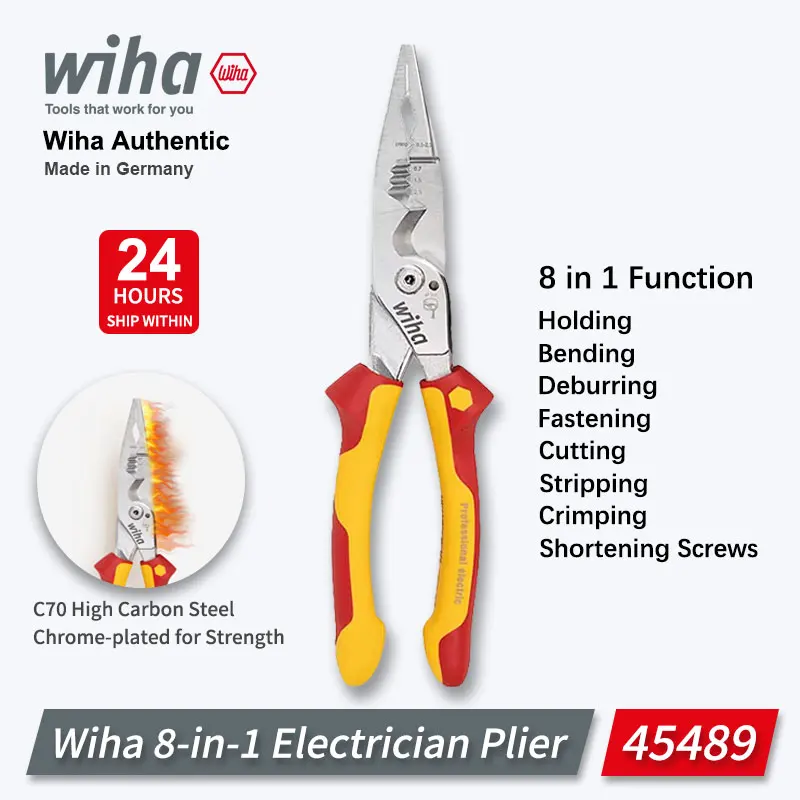 

Wiha 45489 Multifunctional 8 in 1Pliers Industrial Electrician Insulated Wire Stripping Plier 1000V VDE-tested Easy Operation