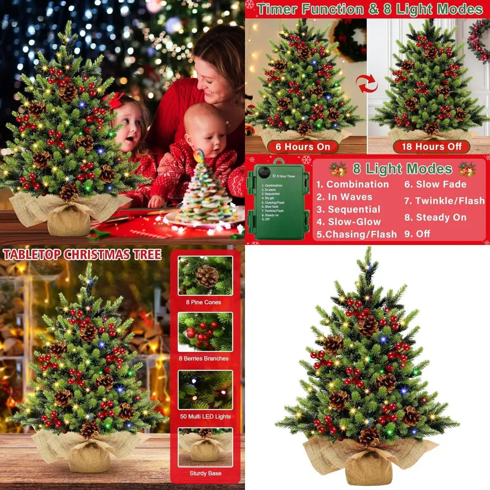 

24 Inch Snowy PE&PVC Tabletop Christmas Tree with 50 LED Lights, Red Berries, and Pine Cones