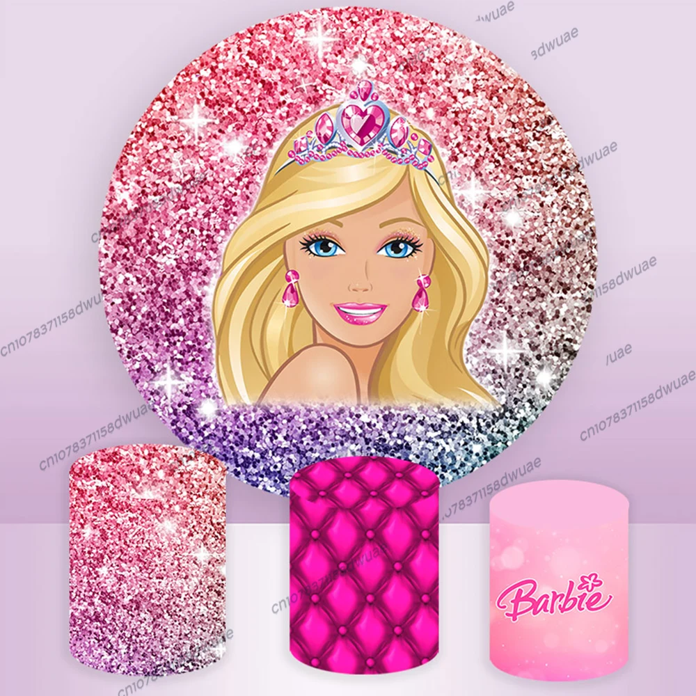 Barbie Princess Party Backdrop Pink  Girl Birthday Photography Background  Round&Cylinders Plinth Covers Photo Backdrop  ﻿