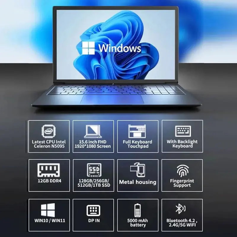 Ordinateur portable Windows 11 avec clavier rétro4.2, 15.6 pouces, 16 Go de RAM + 1 To de SSD, mise à niveau de lapmédication métallique, Intel Celeron, façades Core