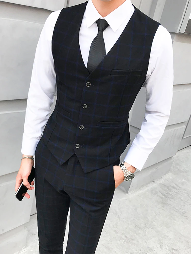 Men\'s Plaid Vest Pants 2pcs Business Professional Youth Office Worker Formal Wear Wedding Banquet Gentleman Suit Dress Waistcoat