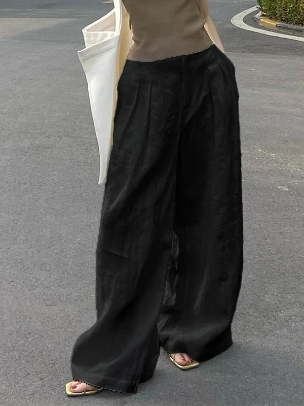 2025 여름 신상 한국 스타일 와이드 레그 팬츠 여성용 플리츠 디자인 슬림핏 드레이프 캐주얼 바지 하이웨이스트 스트레이트 컷